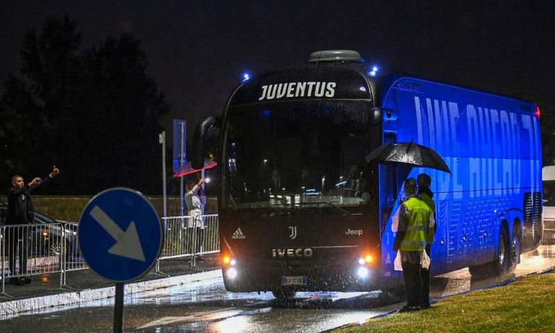 The bus transporting Juventus' players arrives at the Allianz Stadium.