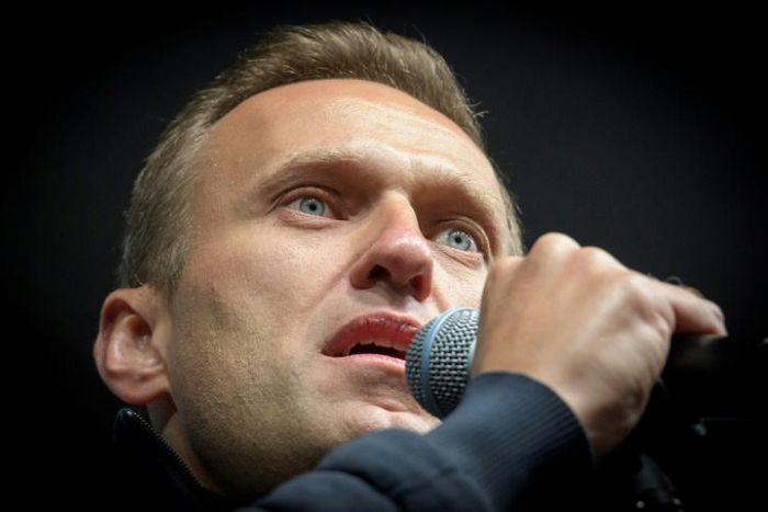 Russian opposition leader Alexei Navalny, who fell suddenly ill on a flight in a suspected poisoning, speaks at a rally in Moscow in September 2019