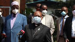 Chairperson of the Interfaith Council Archbishop Anthony Muheria addresses a press conference