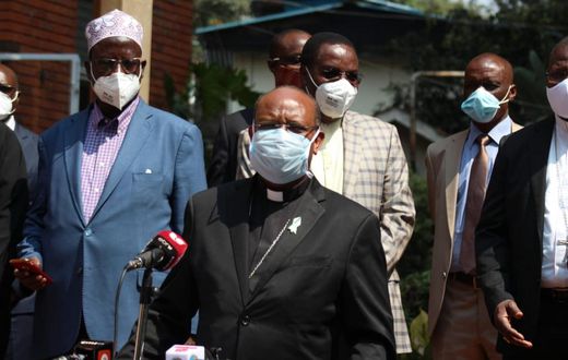 Chairperson of the Interfaith Council Archbishop Anthony Muheria addresses a press conference