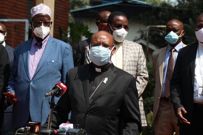 Chairperson of the Interfaith Council Archbishop Anthony Muheria addresses a press conference