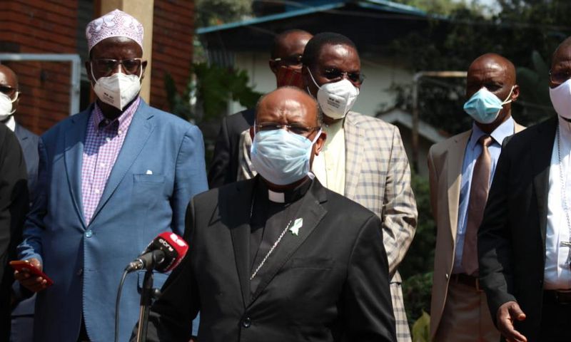 Chairperson of the Interfaith Council Archbishop Anthony Muheria addresses a press conference
