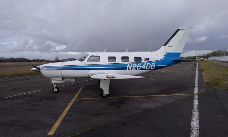 A handout photograph released by the UK Air Accidents Investigation Branch shows the the Piper Malibu, N264DB, on the runway in Nantes