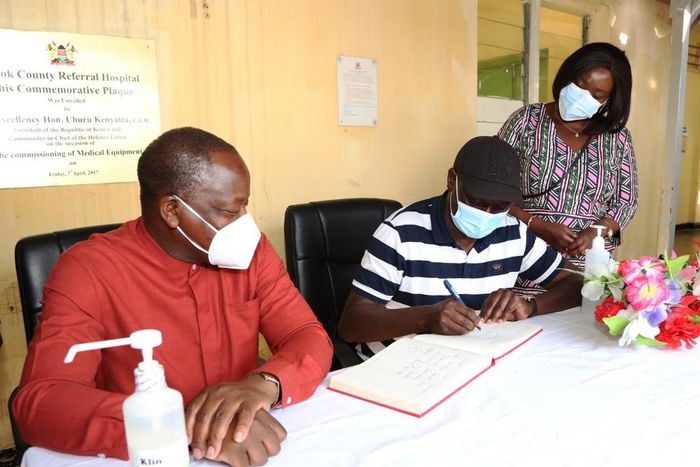 Health CS Mutahi Kagwe with CSs Charles Keter and Raychelle Omamo during a visit to Narok County