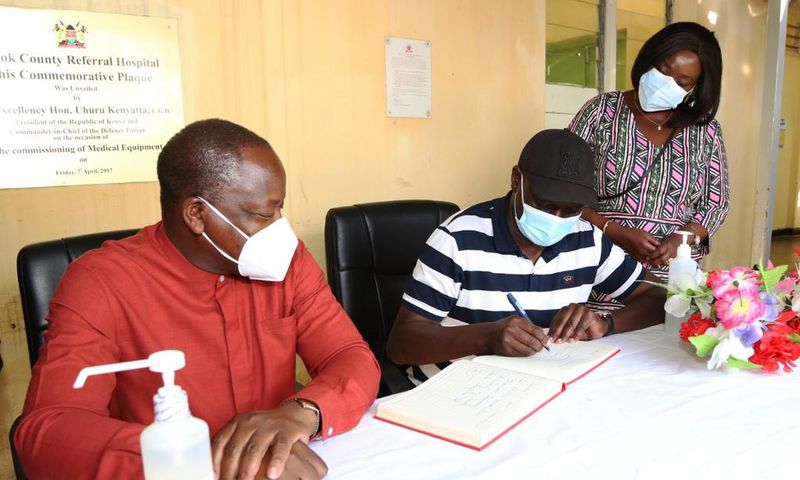 Health CS Mutahi Kagwe with CSs Charles Keter and Raychelle Omamo during a visit to Narok County