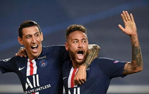 Angel Di Maria celebrates with Neymar after scoring PSG's second goal in their 3-0 win over RB Leipzig in Tuesday's Champions League semi-final in Lisbon