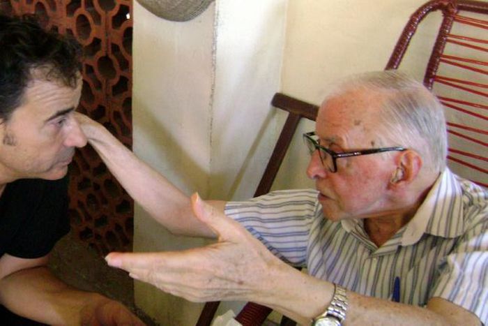 Spanish bishop Pedro Casaldaliga, shown here speaking to actor Eduard Fernandes in an undated photo released by Minoria Absoluta Productions, has died aged 92 in Brazil