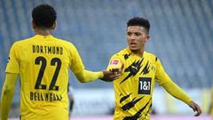 Jadon Sancho with his fellow Englishman Jude Bellingham during Borussia Dortmund's weekend win at Arminia Bielefeld