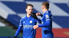 Leicester midfielder James Maddison (L) celebrates with Harvey Barnes