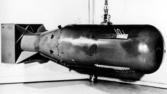 A US atomic bomb of the type nicknamed "Little Boy" that was dropped by a US Army Air Force B-29 bomber on August 9, 1945 over Hiroshima, Japan