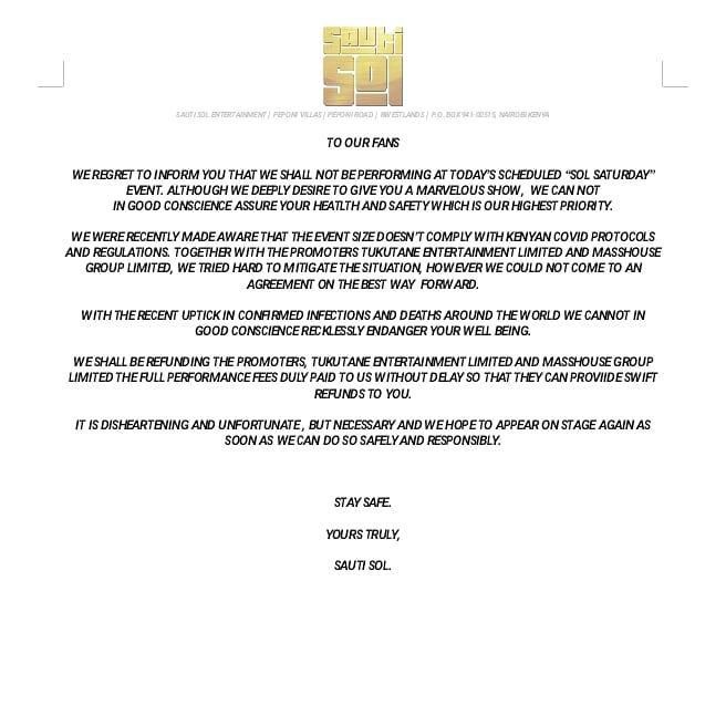 Sauti Sol explain why they have been forced to cancel today’s Sol Saturday concert