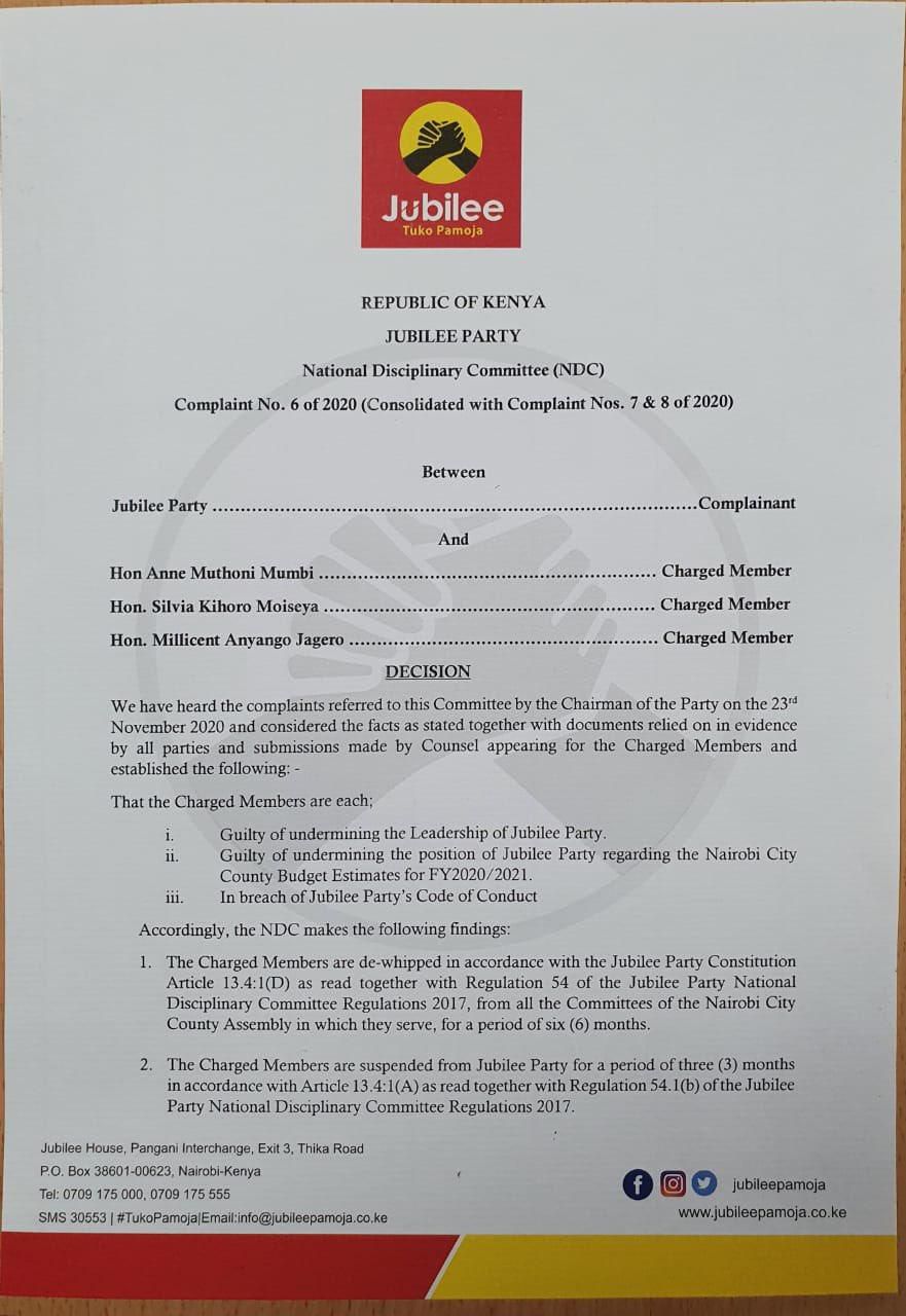 Jubilee Party Disciplinary Committee statement