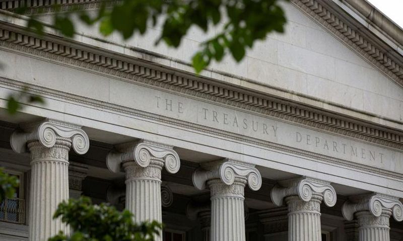 The US Treasury Department, seen in Washington, DC, on July 22, 2019, accused Andrii Derkach of being an active Russian agent for over a decade