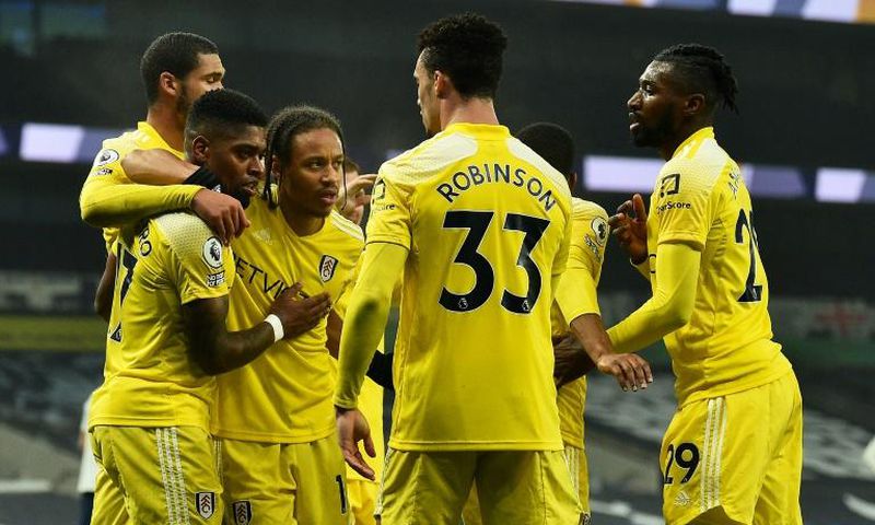 Fulham players celebrate their equaliser against Tottenham
