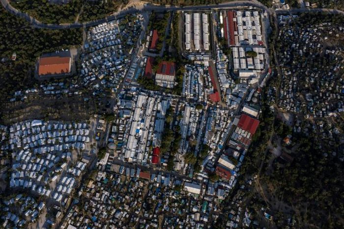 An aerial photograph, taken in June 2020, showing the extent of the improvised camp at Moria