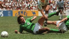 Diego Maradona evades a tackle from Lothar Matthaus in the 1986 World Cup final which saw Argentina beat West Germany 3-2