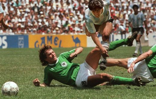 Diego Maradona evades a tackle from Lothar Matthaus in the 1986 World Cup final which saw Argentina beat West Germany 3-2