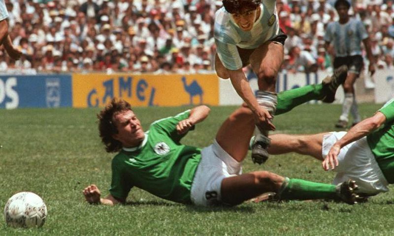 Diego Maradona evades a tackle from Lothar Matthaus in the 1986 World Cup final which saw Argentina beat West Germany 3-2