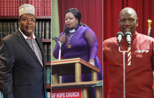 Lawyer Miguna Miguna, Bishop Margaret Wanjiru and Deputy President William Ruto