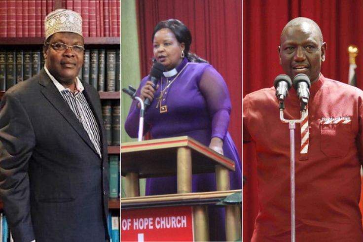 Lawyer Miguna Miguna, Bishop Margaret Wanjiru and Deputy President William Ruto