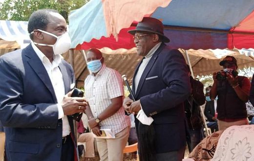Former Vice President Kalonzo Musyoka with former Machakos Senator Johnson Muthama during the burial of Samuel Mutuku