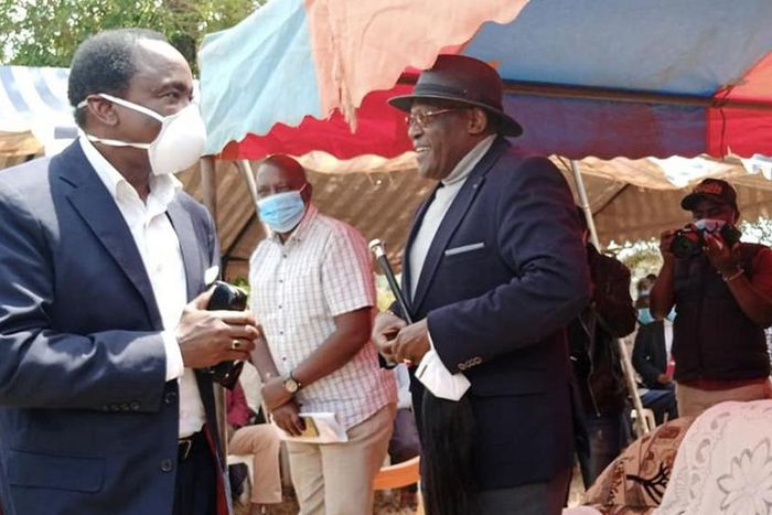 Former Vice President Kalonzo Musyoka with former Machakos Senator Johnson Muthama during the burial of Samuel Mutuku