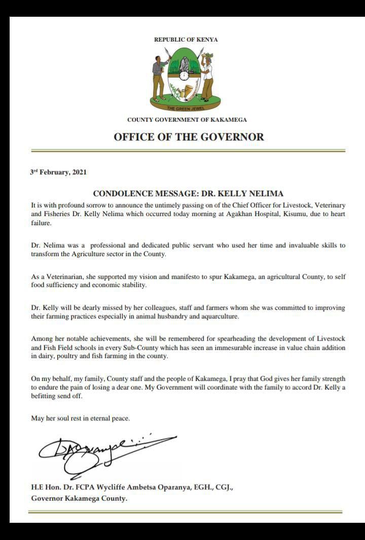 Statement by Kakamega Governor Wycliffe Oparanya