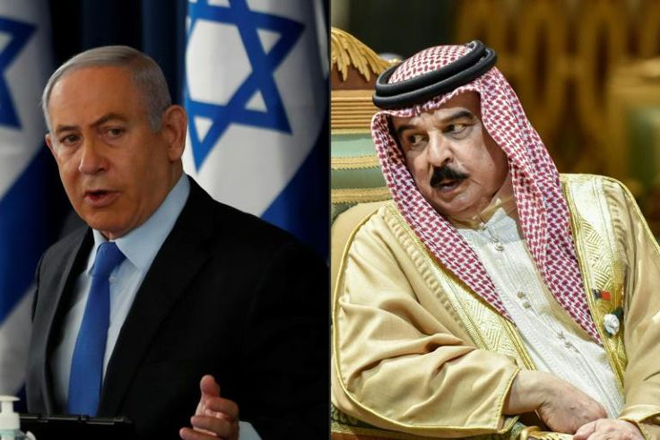 This combination of pictures shows  Israeli Prime Minister Benjamin Netanyahu (L) chairing a cabinet meeting in Jerusalem in June 2020 and Bahrain's King Hamad bin Isa Al Khalifa (R)at the a Gulf Cooperation Council summit in Riyadh in December 2019