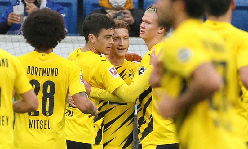Marco Reus celebrates his match-winner with Erling Braut Haaland