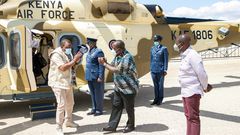 President Uhuru Kenyatta received at KWS Law Enforcement Academy in Manyani, Taita Taveta by Interior CS Fred Matiang'i and Deputy President Uhuru Kenyatta