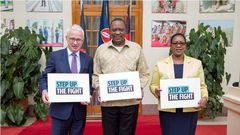 File image of President Uhuru Kenyatta with Global Fund Executive Director Peter Sands and CS Sicily Kariuki