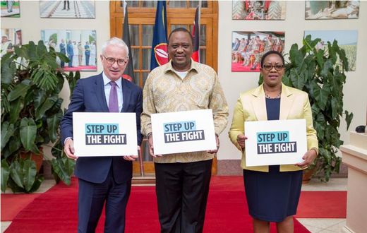 File image of President Uhuru Kenyatta with Global Fund Executive Director Peter Sands and CS Sicily Kariuki