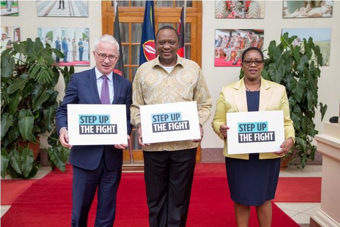 File image of President Uhuru Kenyatta with Global Fund Executive Director Peter Sands and CS Sicily Kariuki