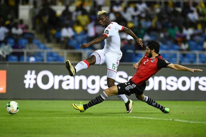 Burkina Faso star Aristide Bance (L) shoots against Egypt in a 2017 Africa Cup of Nations semi-final in Gabon