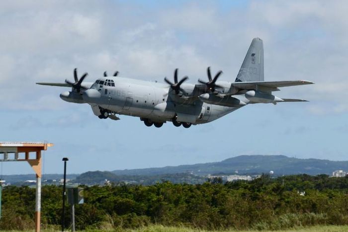 A 2014 photo shows a US Marine refuelling tanker taking off at the Futenma air base, one of a number of US military bases on Japan's Okinawa island