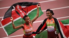 Beatrice Chebet (left) and Faith Kipyegon after agging gold and silver medals in the 5000m race at the World Athletics Championships in Tokyo, Japan