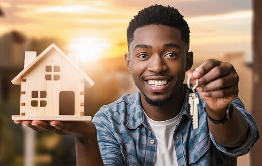 A person holding a model house and a set of keys