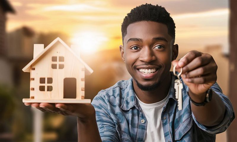 A person holding a model house and a set of keys