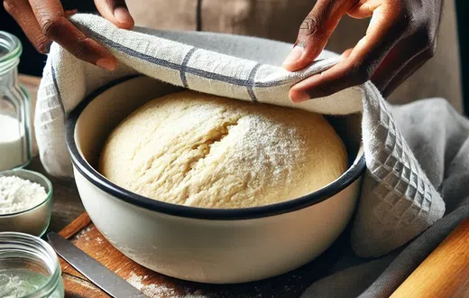 A kitchen towel covering dough