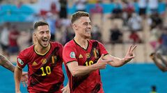 Thorgan Hazard (R) celebrates with his brother Eden after scoring Belgium's goal against Portugal in Seville