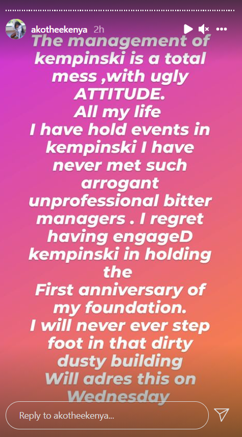 Screenshot of Akothee's rant following the celebration of Akothee Foundation's 1 year anniversary at Villa Rosa Kempinski