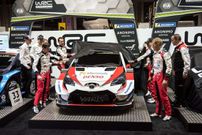 Toyota drivers, co-drivers and team principal unveil their Toyota Yaris WRC car at the launch of the 2019 FIA World Rally Championship (WRC) at the Autosport International show held in the NEC convention centre in Birmingham, central England on January 12, 2019. - Ford M-Sport World Rally Team, Hyundai Shell Mobis World Rally Team, Toyota Gazoo Racing World Rally Team and Citroen Total Abu Dhabi World Rally Team all unveiled their 2019 rally cars, drivers and co-drivers prior to the season-opener at the Rallye Monte-Carlo on January 24, 2019. (Photo by OLI SCARFF / AFP) (Photo credit should read OLI SCARFF/AFP via Getty Images)