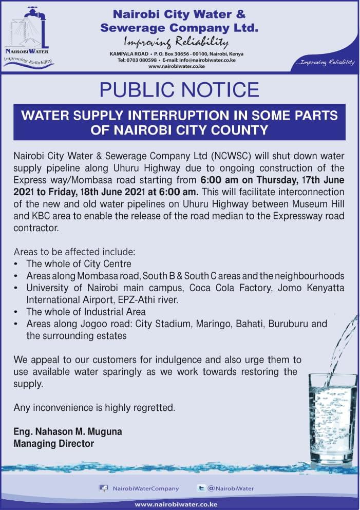 Notice from the Nairobi Water and Sewerage Company (NWSC)