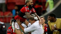 Flamengo's Gabriel Barbosa celebrates with his coach Renato Gaucho after scoring against Olimpia of Paraguay in the Copa Libertadores quarter-finals last month