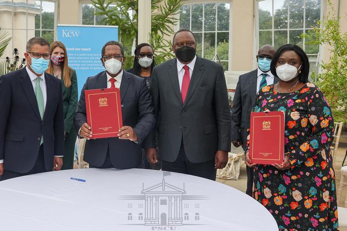 President Uhuru Kenyatta held bilateral talks with COP26 President-Designate Alok Sharma and his delegation that included British High Commissioner to Kenya Jane Marriott at Kew Gardens in London