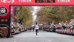 Kipchoge crossing the finish line of the Ineos 1:59 challenge marathon in Vienna, October 12, 2019.