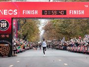 Kipchoge crossing the finish line of the Ineos 1:59 challenge marathon in Vienna, October 12, 2019.