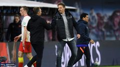 RB Leipzig coach Julian Nagelsmann (right) has been tipped to replace Hansi Flick (left) as head coach of Bayern Munich