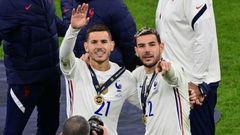 Lucas Hernandez (L) won the Nations League title with France on Sunday alongside his brother Theo (R)