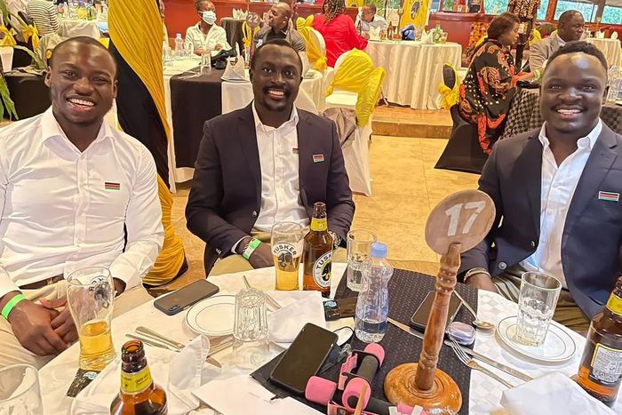 Kenya sevens players; Billy Odhiambo (left), Collins Injera (centre) and Jacob Ojee (right) at the gala hosted by NOC-K.